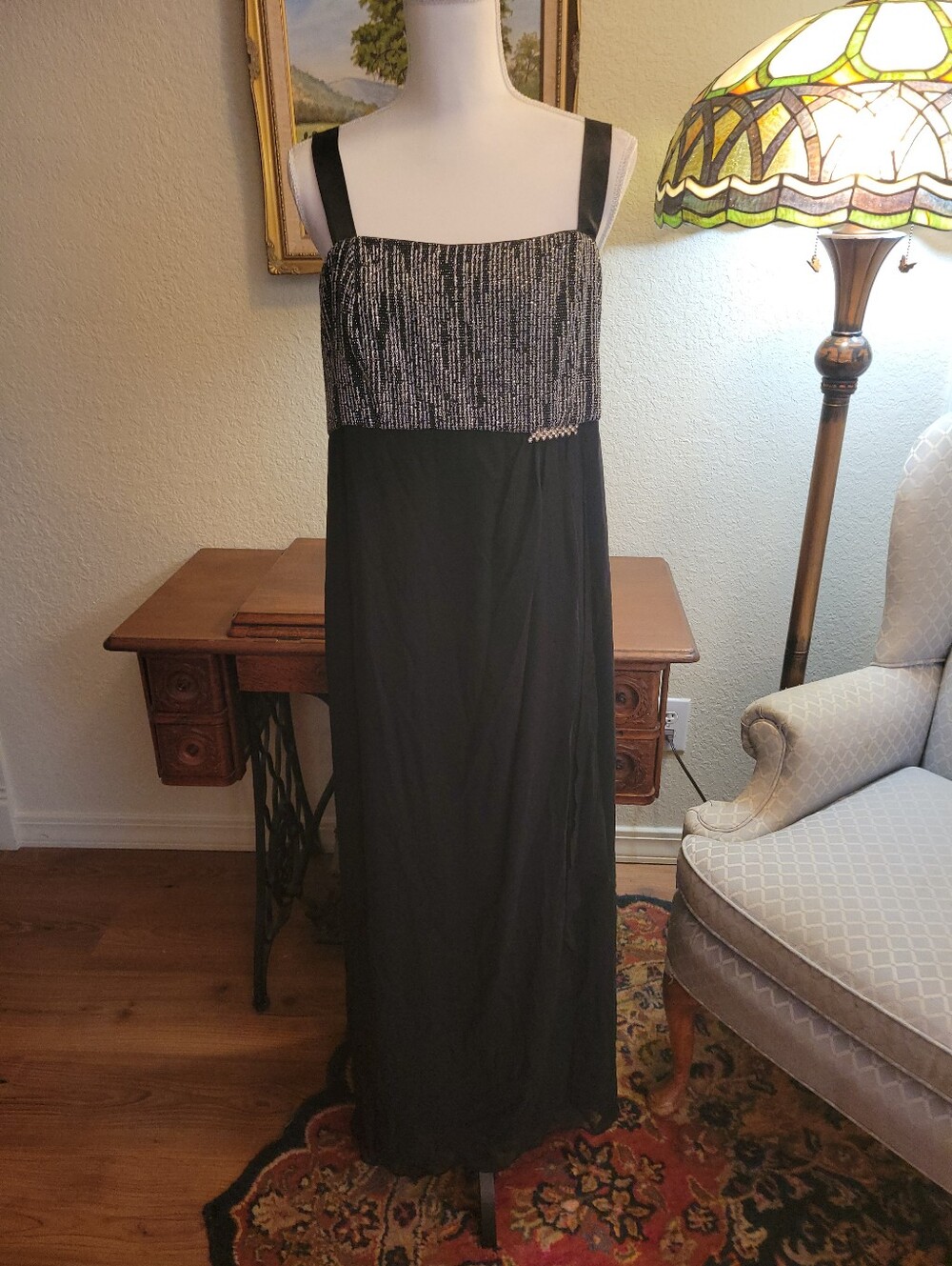 R&M Richards Black Maxi Dress with Silver Sequin Bodice